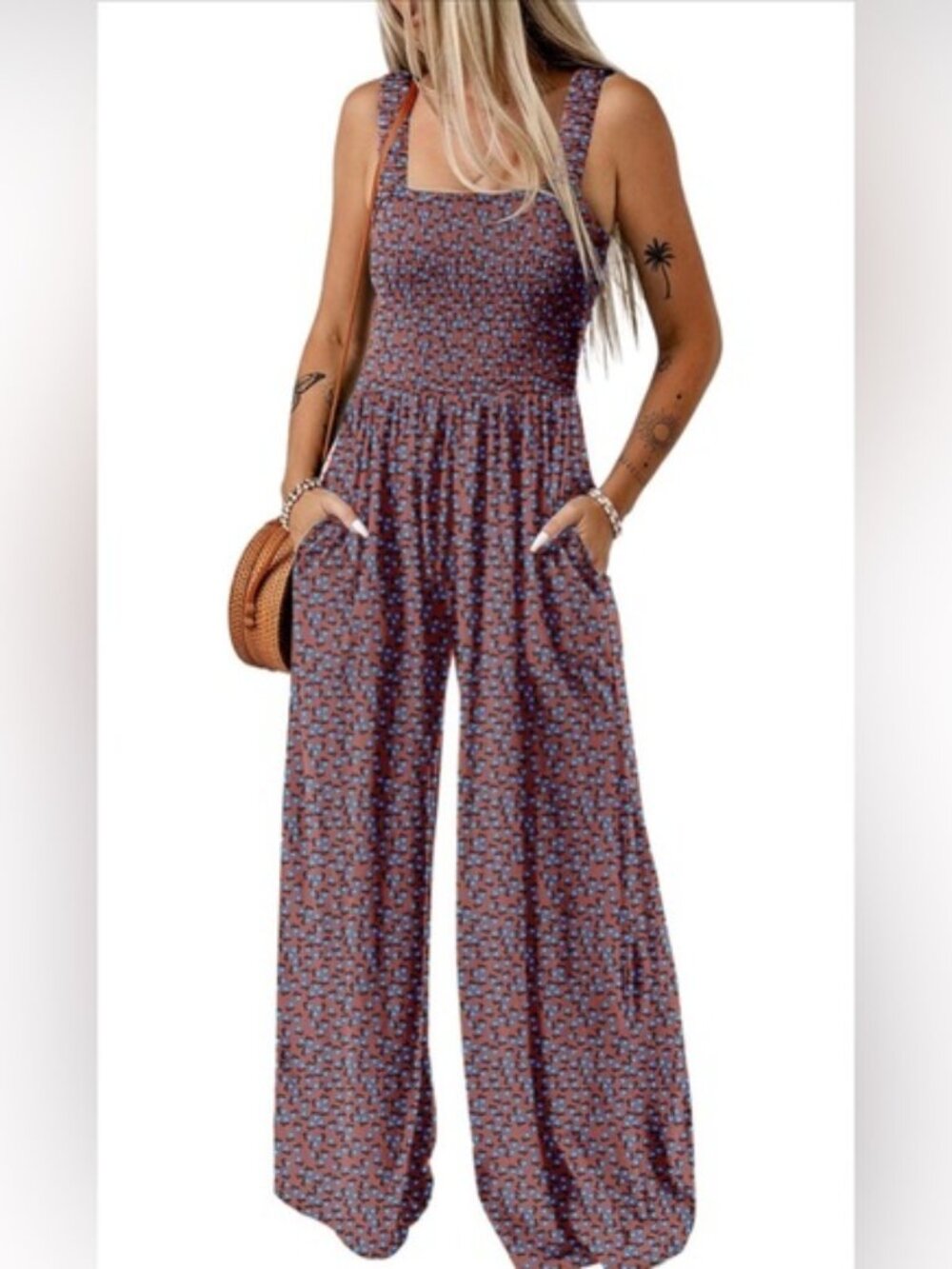 🆕Overalls One Piece Sleeveless Printed Wide Leg Rompers With Pockets